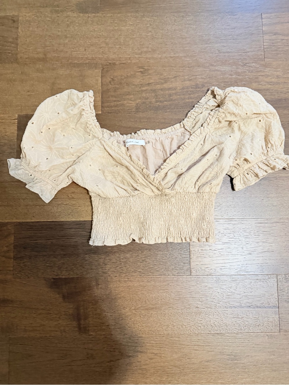 Mustard Seed Beige Eyelet Puff-Sleeve Smocked Crop Top